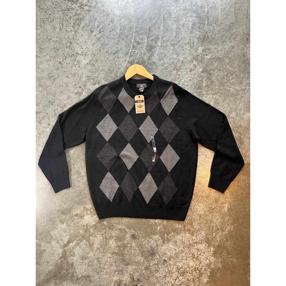 Dockers Sweater Mens Large Black Gray Argyle V-Neck Fine Gauge Soft NWT New - Picture 2 of 13